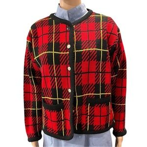 Vintage Tally Ho Tartan Plaid Cardigan Sweater Womens Size L Preppy Academia